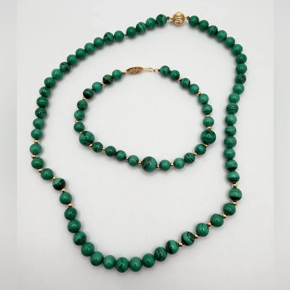 Vintage Malachite and 14kt gold beaded necklace/bracelet set‎ w/ 14kt YG clasps!